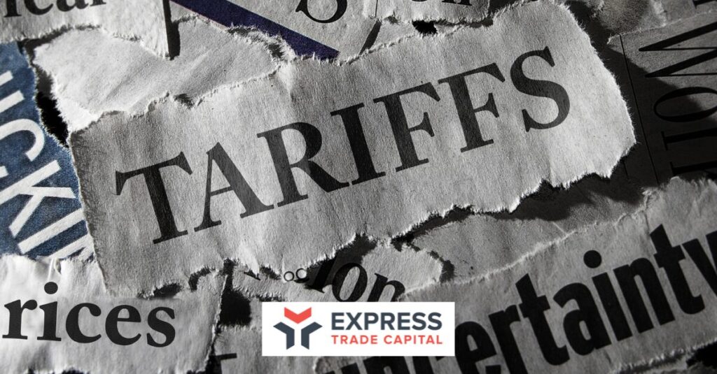 News headline collage with the word ‘Tariffs’ in bold, symbolizing U.S. trade policy changes, Trump-era tariff ruling, and uncertainty for importers—Express Trade Capital branding below